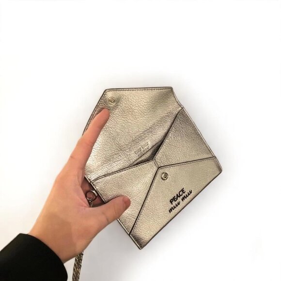 NIB Miu Miu Madras Slim Love Peace Metallic Wallet Leather Silver - Picture 4 of 7